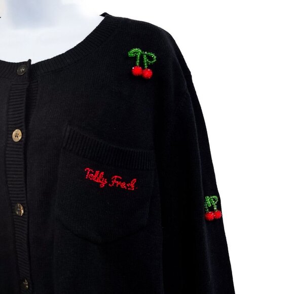 Teddy Fresh Cherry on Top Beaded Cardigan Sweater Top Black Red 3X Cherries - Picture 7 of 13